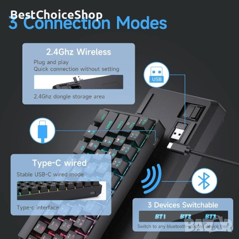 Геймърска клавиатура TMKB T63, механична безжична, Bluetooth, 2.4G, с кабел, RGB подсветка, снимка 11 - Клавиатури и мишки - 53359685