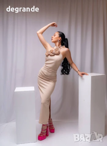 Елегантна бежова дамска рокля , снимка 2 - Рокли - 50049112