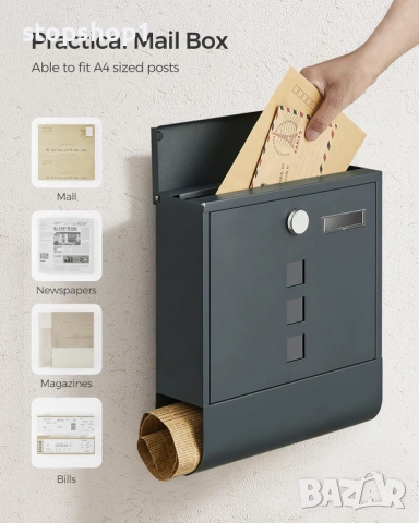 SONGMICS Стенна пощенска кутия с ключалка и въртящ се капак, прозорец за наблюдение, държач за име, 