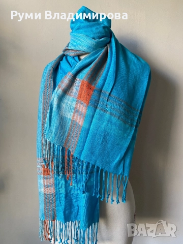Тюркоазено син шал от коприна, пашмина, памук/ ралични видове, снимка 11 - Шалове - 47418018