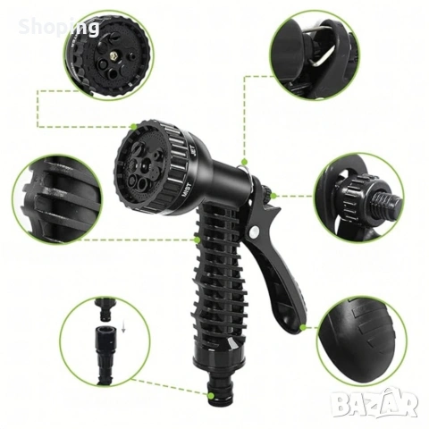 Гъвкав разтеглив градински маркуч 30м – Пълен комплект с пистолет (7 функции) и конектори, снимка 4 - Градински инструменти - 53387280