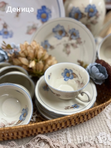 Schumann и любима декорация💙 Слонова кост, двоен син кант, а помежду им нежен релеф , снимка 3 - Сервизи - 51638056