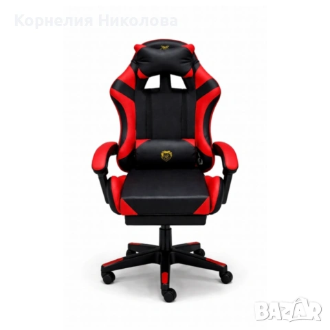 Удобен геймърски стол с поставка за крака и масажна лумбална възглавница, Черно-червен, снимка 7 - Столове за офис - 54183364