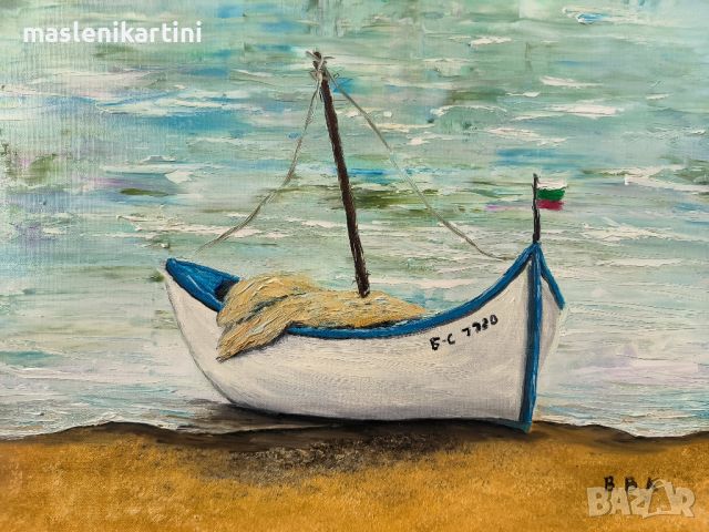 Рибарска българска лодка на морския бряг маслена картина , снимка 4 - Картини - 45539170