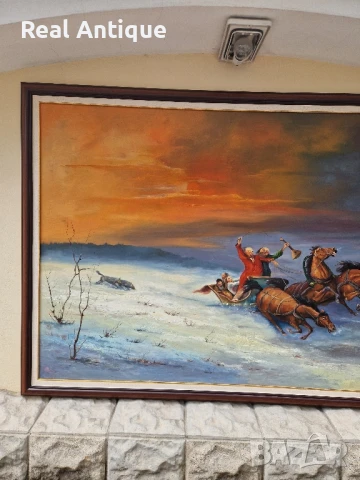 Огромна антикварна авторска майсторска картина масло върху платно , снимка 5 - Картини - 51272362