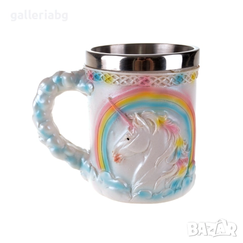 Чаша еднорог с дъга – полирезин и метал, 15x14 см