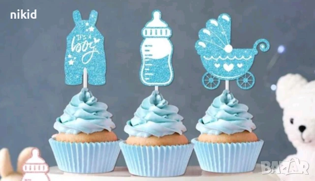 12 бр boy girl брокатени топери за декори за мъфини кексчета парти бебешки gender party бебе