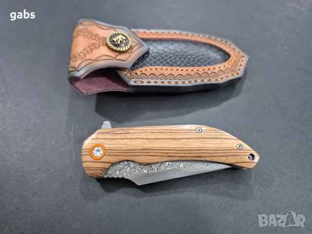 Сгъваем нож дамаска стомана с кожена кания,SD16, снимка 5 - Ножове - 52949472