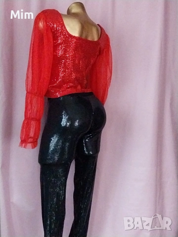 S/M Черен еластичен клин с пайети и къс топ с дълъг ръкав , снимка 2 - Клинове - 53217351