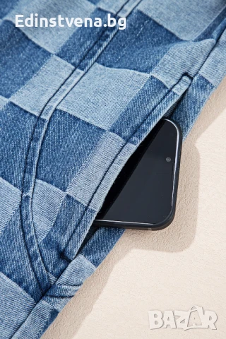 Дамски дънков суичър с качулка и шахматен десен, снимка 7 - Суичъри - 51261517