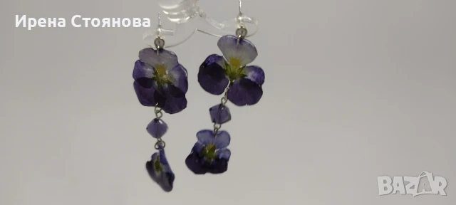 Обеци с естествен цвят на градински теменужки. Необичайно и стилно допълнение към вашия тоалет.
, снимка 2 - Обеци - 50501588