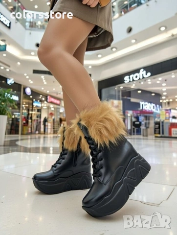Боти на платформа - черна кожа с бежов косъм - BPH1 , снимка 1 - Дамски боти - 46054500