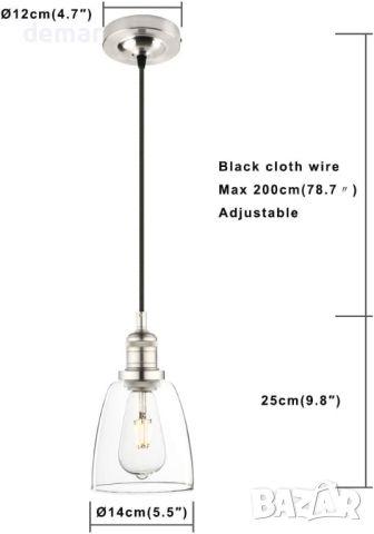 Phansthy Ретро висяща лампа с 2 м регулируема платнена тел, прозрачно стъкло, за E27 Edison крушки, снимка 8 - Лампи за таван - 45287526