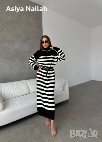 Дамска плетена рокля с поло яка – черно/бяло, снимка 3 - Рокли - 52792448