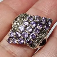 Красив италиански сребърен пръстен с Аметисти и марказити , снимка 3 - Пръстени - 45479083