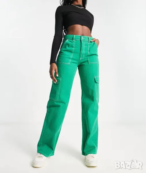 ЗЕЛЕНИ карго дънки с широк крачол и висока талия, снимка 1