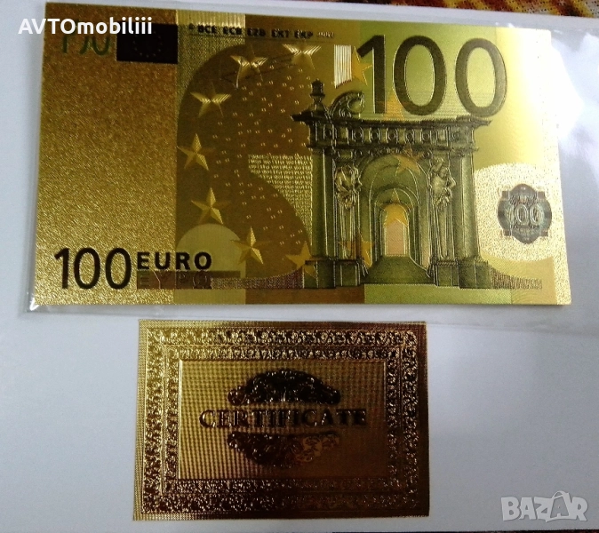 Позлатена 100 Евро Банкнота със сертификат, снимка 1
