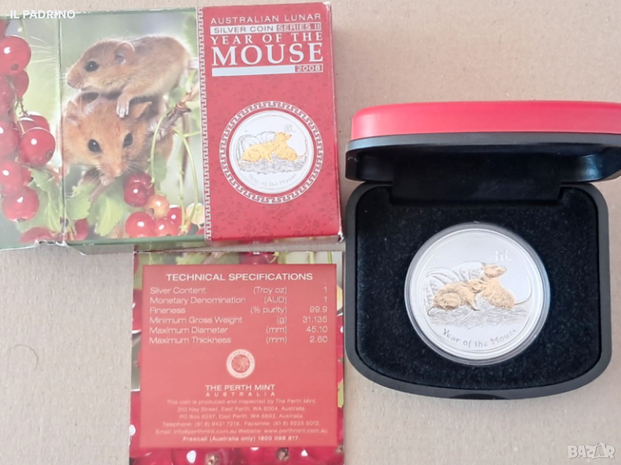Сребро 1 oz Годината на Мишката 2008 Лунар Австралия с позлата, снимка 1