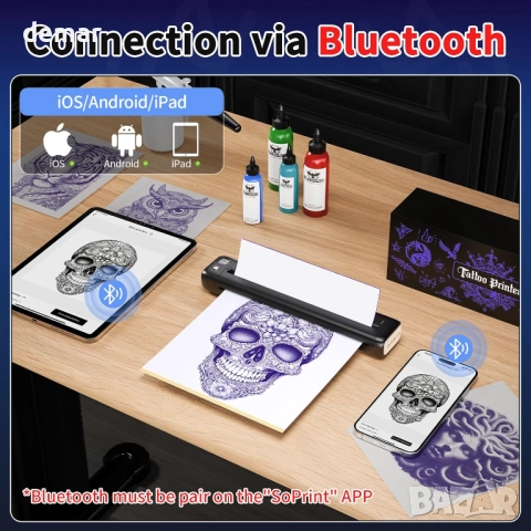 Преносим безжичен принтер за шаблони за татуировки Rongta A4, черен, снимка 2 - Принтери, копири, скенери - 52706362