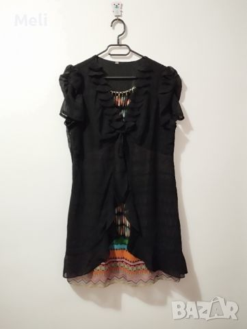Дамска черна рокля с цветна подплата и пришито декоративно колие , снимка 5 - Рокли - 46281525