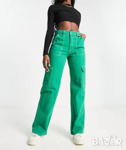 ЗЕЛЕНИ карго дънки с широк крачол и висока талия, снимка 1