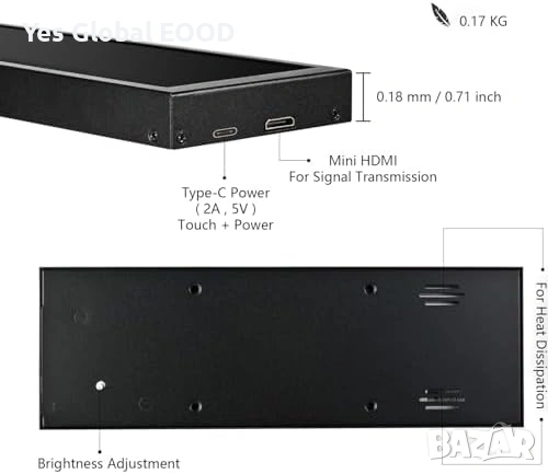 7.84 инча мини монитор HD IPS 1280x400 за PC, снимка 7 - Монитори - 53416607