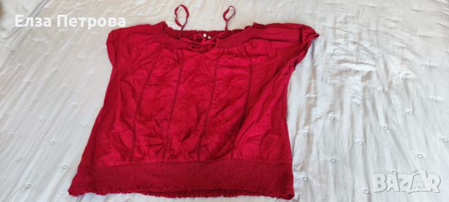 Дамска лятна тъмно червена блуза с къс ръкав с бродерия цветя и вързанки на деколтето, памук, снимка 2 - Туники - 46414350