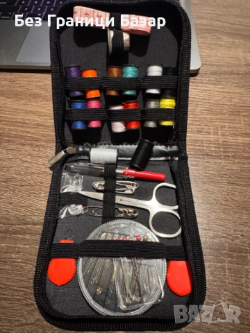 Нов Многофункционален шивашки комплект в калъф – игли, конци в различни цветове, ножичка, метър