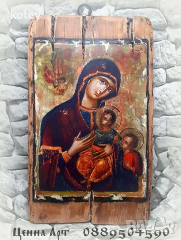 икона Богородица с децата Исус и Йоан Предтеча 38/23 см УНИКАТ, декупаж, снимка 2 - Икони - 45510954