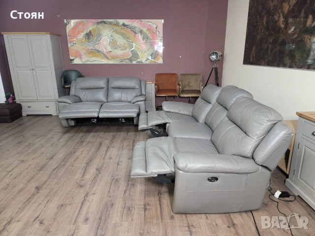 Сив кожен комплект дивани тройка и двойка с ел. релакс механизъм, снимка 7 - Дивани и мека мебел - 53730337