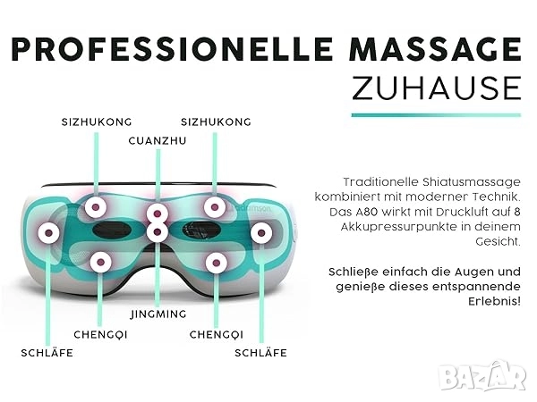 Интелигентен масажор за очи с термо- и криотерапия, Adamson A80, снимка 11 - Масажори - 52503028