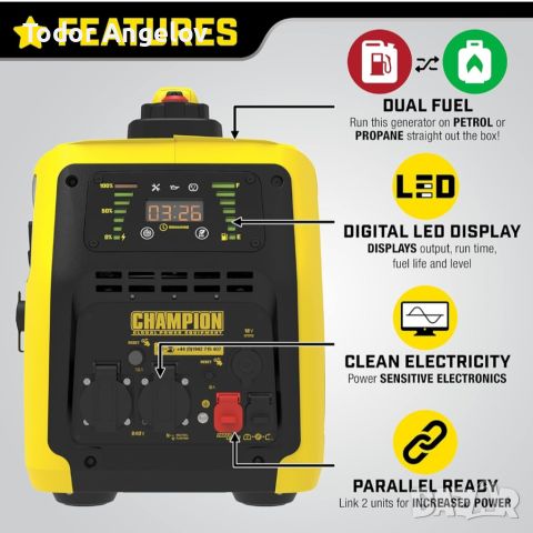 Инверторен генератор Champion газ- бензин 2kw, снимка 7 - Електродвигатели - 46764057