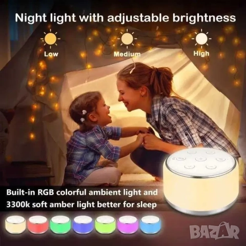 Уред за бял шум за бебе, с нощна лампа и 34 мелодии, до над 36 часа на работа, снимка 3 - Детски нощни лампи - 52064395