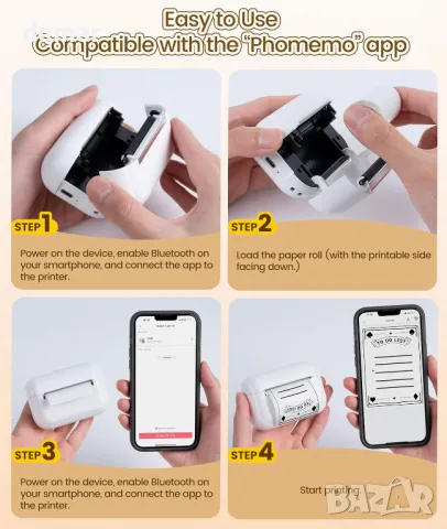 Tattmuse мини термичен принтер Q02E, Bluetooth, с 3 ролки термо хартия, бял, снимка 5 - Принтери, копири, скенери - 49689233