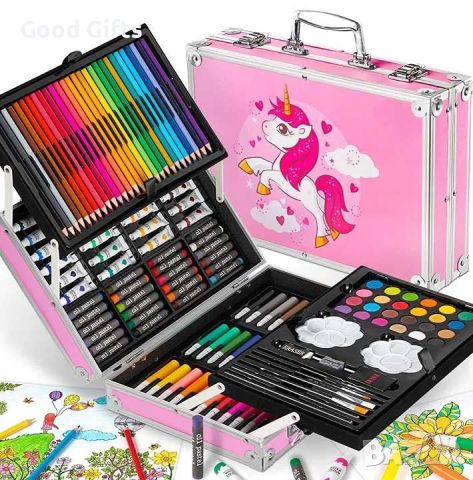 Голям детски комплект за рисуване -145 части в метален куфар с Еднорог, Розов, снимка 2 - Рисуване и оцветяване - 46291033