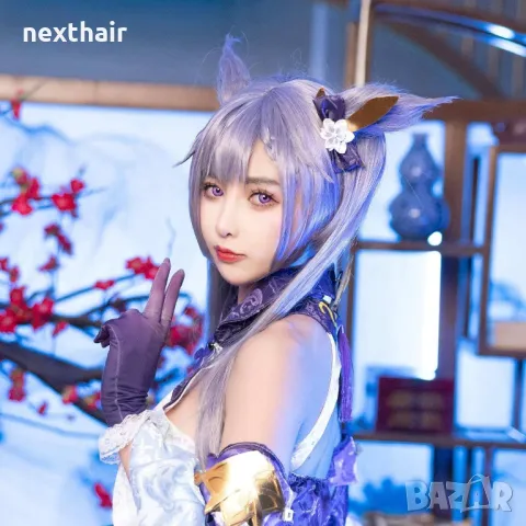 Аниме косплей лилава перука с две опашки Genshin Impact Keqing Cosplay, снимка 2 - Аксесоари за коса - 50340487