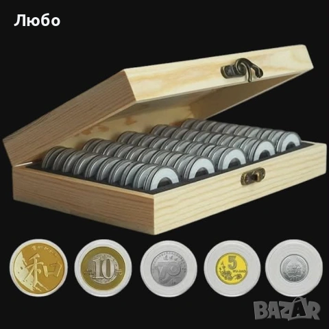 Дървена кутия за 100/50 монети (с 100/50 капсули и уплътнители), снимка 9 - Нумизматика и бонистика - 49502896