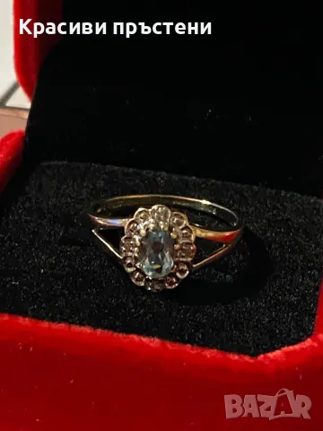 Изтънчен златен пръстен с gemstone и 4 диаманта – 9 карата, 1.88 г, размер 58, снимка 3 - Пръстени - 50181498