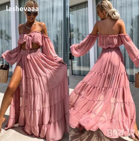 Дамски комплект топ и дълга пола с цепка в пепел от рози