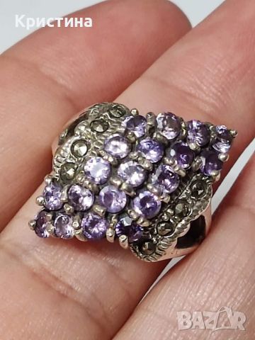 Красив италиански сребърен пръстен с Аметисти и марказити , снимка 4 - Пръстени - 45479083