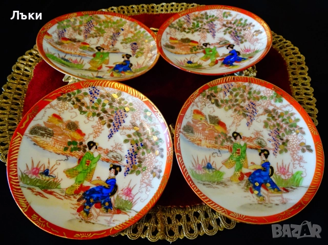 Японски порцеланови чинии,гейши,злато. , снимка 6 - Антикварни и старинни предмети - 52806643