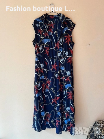 Дълга сатенена ефирна рокля с морски десен в тъмно син цвят M / L размер на марката Calliope 👗👗👗, снимка 13 - Рокли - 52052140