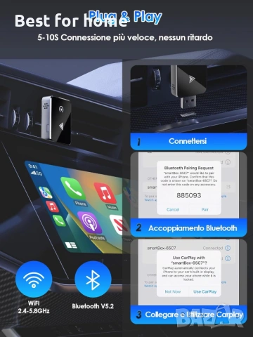 2-в-1 Безжичен Адаптер за CarPlay и Android Auto (Модел 2025) – Алуминиев корпус, 5.8GHz WiFi, снимка 4 - Други - 53212883