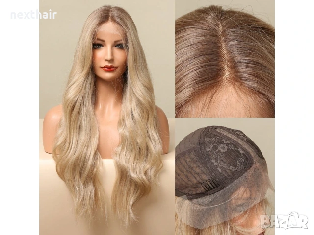 Ефектна омбре руса перука 70 см вълни, дантела 13x4x1, снимка 2 - Аксесоари за коса - 53541146