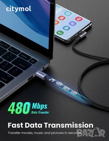 UGREEN USB C към Type c 90 градуса 3.0A, 2 метра кабел за бързо зареждане, снимка 4 - USB кабели - 46288812