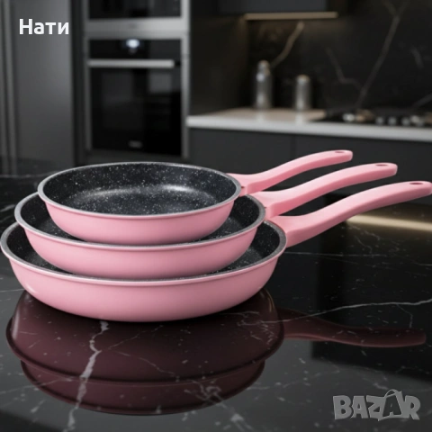 НОВ Комплект тигани Cheffinger розово с мраморно покритие – 3 части за всяка кухня - розов цвят
