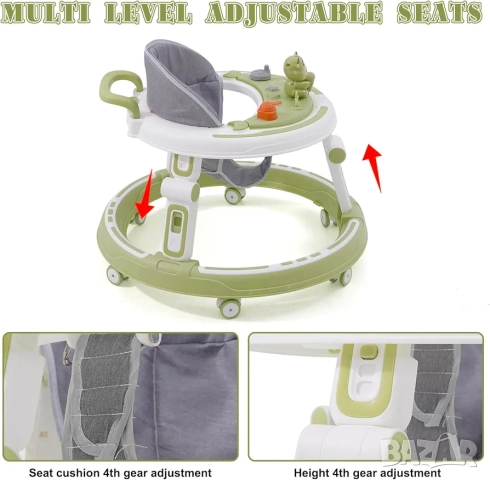 Регулируема бебешка проходилка 3в1, сгъваема, ергономична, зелена, снимка 5 - Проходилки - 52571816
