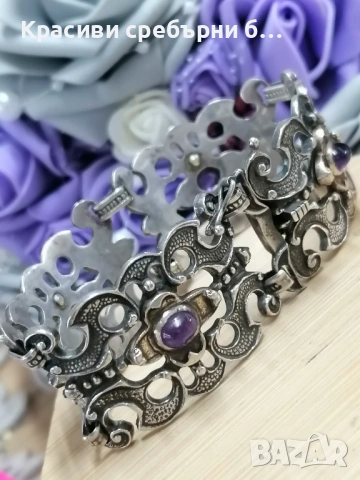 Старинна панелна сребърна гривна стил Art Deco с аметист 💜 изключително детайлна и преци, снимка 3 - Гривни - 53624626