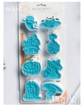 8 бр Хелоуин Halloween тиква прилеп дух пластмасови разглобяеми резци форми фондан тесто форма резец, снимка 3 - Форми - 34907826