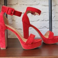 Червени велурени сандали на висок ток, снимка 4 - Дамски обувки на ток - 45401542